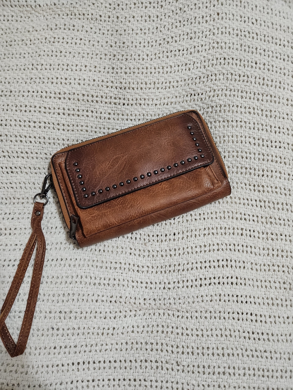 Men's Brown Leather Wristlet Wallet with Stud Accents
